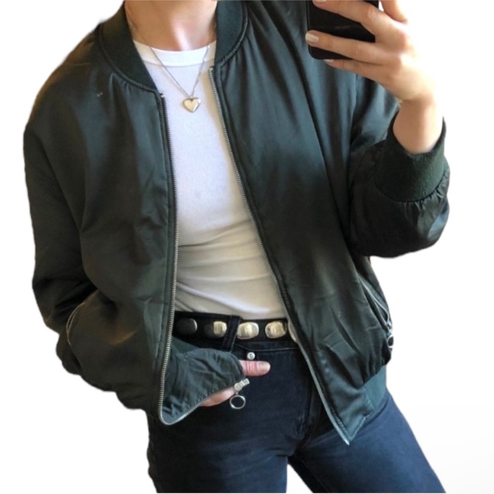 ZARA COLLECTION Green Silky Relaxed O-Ring Zipper Bomber Jacket Small |fits XS-M - Picture 10 of 16